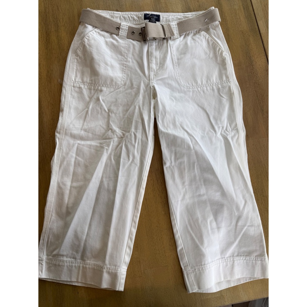 Sonoma Life Style White Cotton Capri Pants With Belt Embroidered Pockets Size 10